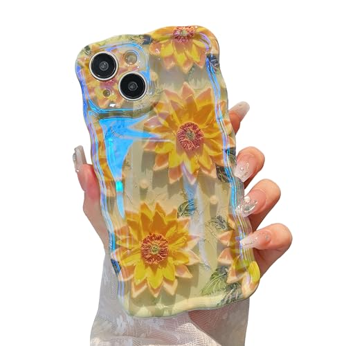 XIZYO Schutzhülle für iPhone 14, buntes Retro-Ölgemälde, Blume, niedliches Blumenmuster, ästhetisch, gelockt, Wellenrahmen, Laser, glänzend, reflektierend, exquisit, stilvoll, für Damen und Mädchen, von XIZYO