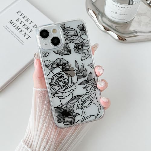 XIZYO Transparente Rose Hülle für iPhone 13, Niedlich Rose Blume Floral Muster Schlanke Stoßfeste Handyhülle, für Mädchen Frauen Weiche TPU Luxus Durchsichtige Schutzhülle, Schwarz von XIZYO