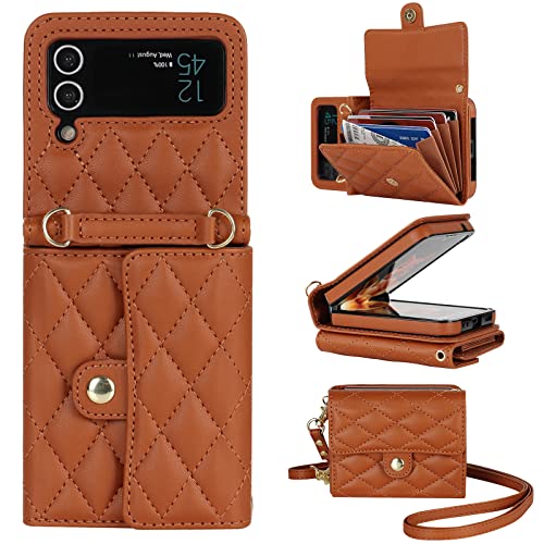 XIZYO für Samsung Galaxy Z Flip 3 Leder Crossbody Brieftasche Klapphülle mit Verstellbarem Abnehmbarem Umhängegurt, für Frauen Mädchen Niedlich Luxus Handyhülle mit Kartenhalter, Braun von XIZYO