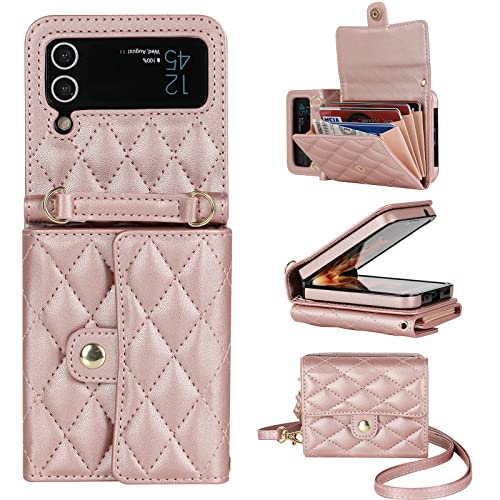 XIZYO für Samsung Galaxy Z Flip 3 Leder Crossbody Brieftasche Klapphülle mit Verstellbarem Abnehmbarem Umhängegurt, für Frauen Mädchen Niedlich Luxus Handyhülle mit Kartenhalter, Roségold von XIZYO