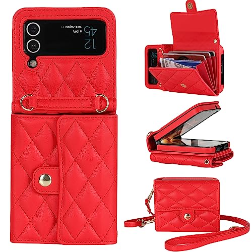 XIZYO für Samsung Galaxy Z Flip 3 Leder Crossbody Brieftasche Klapphülle mit Verstellbarem Abnehmbarem Umhängegurt, für Frauen Mädchen Niedlich Luxus Handyhülle mit Kartenhalter, Rot von XIZYO