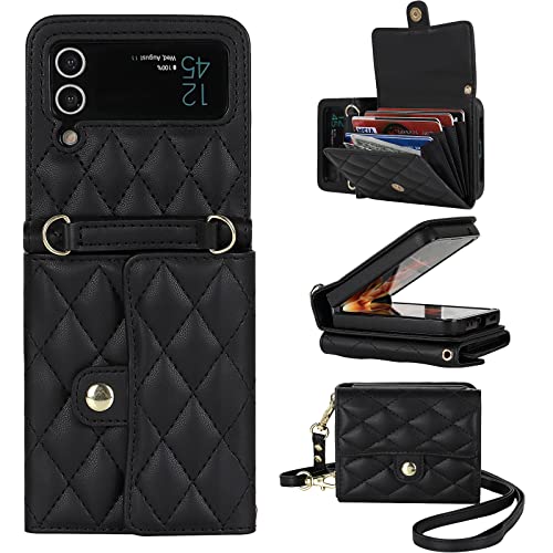 XIZYO für Samsung Galaxy Z Flip 3 Leder Crossbody Brieftasche Klapphülle mit Verstellbarem Abnehmbarem Umhängegurt, für Frauen Mädchen Niedlich Luxus Handyhülle mit Kartenhalter, Schwarz von XIZYO