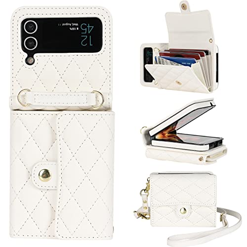 XIZYO für Samsung Galaxy Z Flip 3 Leder Crossbody Brieftasche Klapphülle mit Verstellbarem Abnehmbarem Umhängegurt, für Frauen Mädchen Niedlich Luxus Handyhülle mit Kartenhalter, Weiß von XIZYO