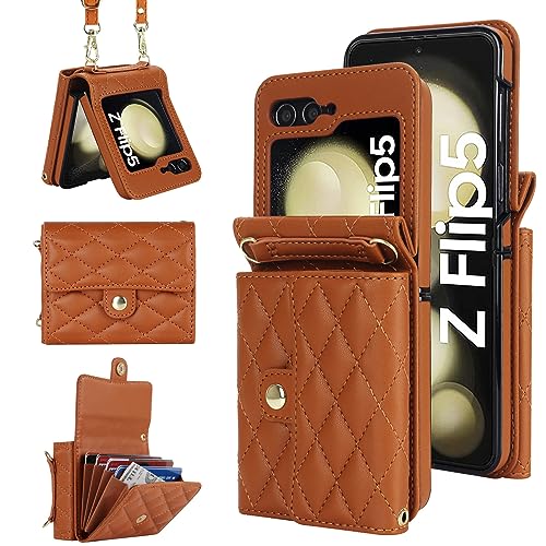 XIZYO für Samsung Galaxy Z Flip 5 Leder Crossbody Brieftasche Klapphülle mit Verstellbarem Abnehmbarem Umhängegurt, für Frauen Mädchen Niedlich Luxus Handyhülle mit Kartenhalter, Braun von XIZYO