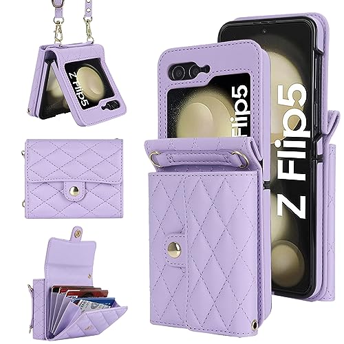 XIZYO für Samsung Galaxy Z Flip 5 Leder Crossbody Brieftasche Klapphülle mit Verstellbarem Abnehmbarem Umhängegurt, für Frauen Mädchen Niedlich Luxus Handyhülle mit Kartenhalter, Lila von XIZYO