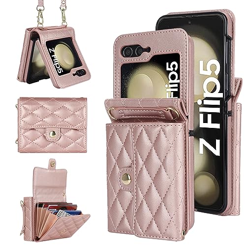 XIZYO für Samsung Galaxy Z Flip 5 Leder Crossbody Brieftasche Klapphülle mit Verstellbarem Abnehmbarem Umhängegurt, für Frauen Mädchen Niedlich Luxus Handyhülle mit Kartenhalter, Roségold von XIZYO