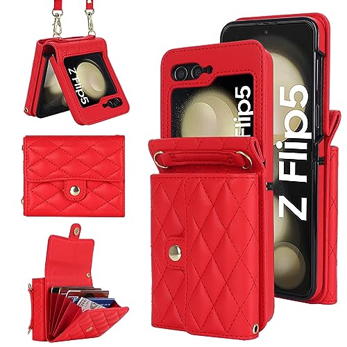 XIZYO für Samsung Galaxy Z Flip 5 Leder Crossbody Brieftasche Klapphülle mit Verstellbarem Abnehmbarem Umhängegurt, für Frauen Mädchen Niedlich Luxus Handyhülle mit Kartenhalter, Rot von XIZYO