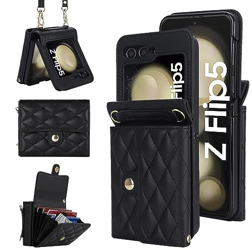 XIZYO für Samsung Galaxy Z Flip 5 Leder Crossbody Brieftasche Klapphülle mit Verstellbarem Abnehmbarem Umhängegurt, für Frauen Mädchen Niedlich Luxus Handyhülle mit Kartenhalter, Schwarz von XIZYO