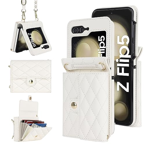 XIZYO für Samsung Galaxy Z Flip 5 Leder Crossbody Brieftasche Klapphülle mit Verstellbarem Abnehmbarem Umhängegurt, für Frauen Mädchen Niedlich Luxus Handyhülle mit Kartenhalter, Weiß von XIZYO