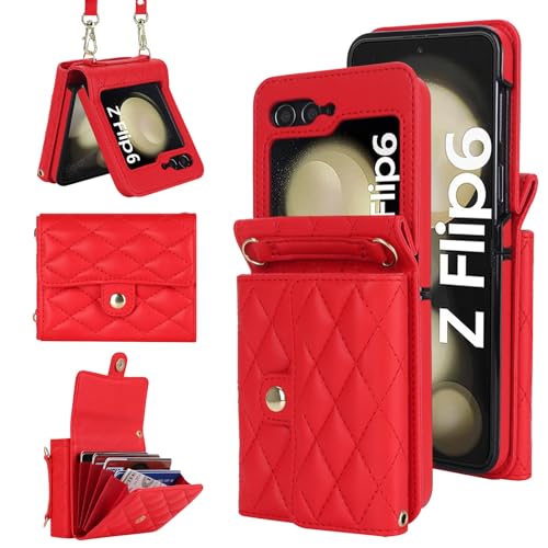 XIZYO für Samsung Galaxy Z Flip 6 Leder Crossbody Brieftasche Klapphülle mit Verstellbarem Abnehmbarem Umhängegurt, für Frauen Mädchen Niedlich Luxus Handyhülle mit Kartenhalter, Rot XIZYO für Samsung Galaxy Z Flip 6 Leder Crossbody Brieftasche Klapphülle mit Verstellbarem Abnehmbarem Umhängegurt, für Frauen Mädchen Niedlich Luxus Handyhülle mit Kartenhalter, Rot von XIZYO