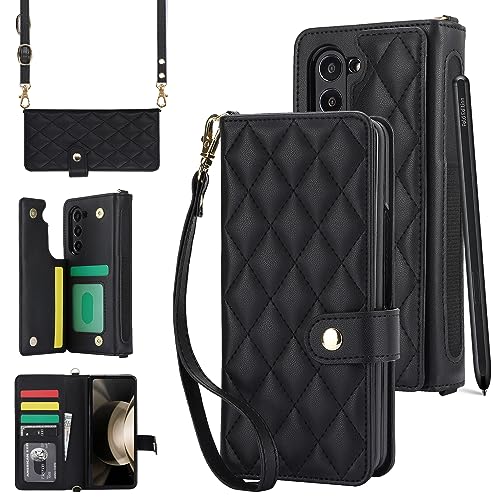 XIZYO für Samsung Galaxy Z Fold 5 Leder Crossbody Brieftasche Klapphülle mit 2 Abnehmbarem Lanyard Riemen, mit Stifthalter, Luxus Magnetverschlüsse Stoßfest Handyhülle mit Kartenhalter, Schwarz von XIZYO