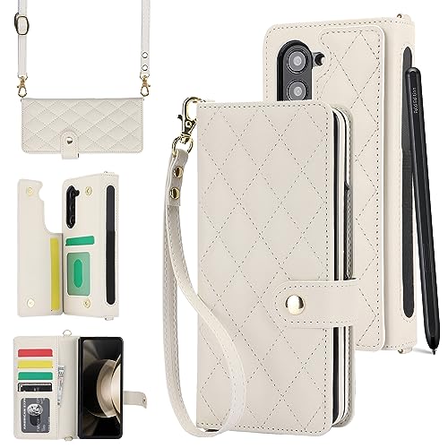 XIZYO für Samsung Galaxy Z Fold 5 Leder Crossbody Brieftasche Klapphülle mit 2 Abnehmbarem Lanyard Riemen, mit Stifthalter, Luxus Magnetverschlüsse Stoßfest Handyhülle mit Kartenhalter, Weiß von XIZYO