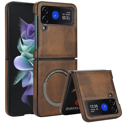 XKchatpt Magnetisch für Samsung Galaxy Z Flip 4 Fall kompatibel mit MagSafe, PU Leder stoßfest Slim Hard Case für Samsung Galaxy Z Flip 4 (Braun) von XKchatpt