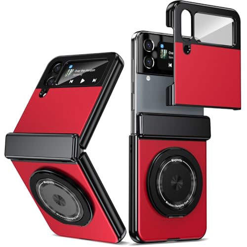 XKchatpt Magnetische Faltbare Handyhülle für Samsung Galaxy Z Flip 3,Kickstand 360° drehbarer Ständer,Aluminiumlegierungshülle mit Scharnierschutz&Front Screen Protector für Z Flip 3 (Rot) von XKchatpt
