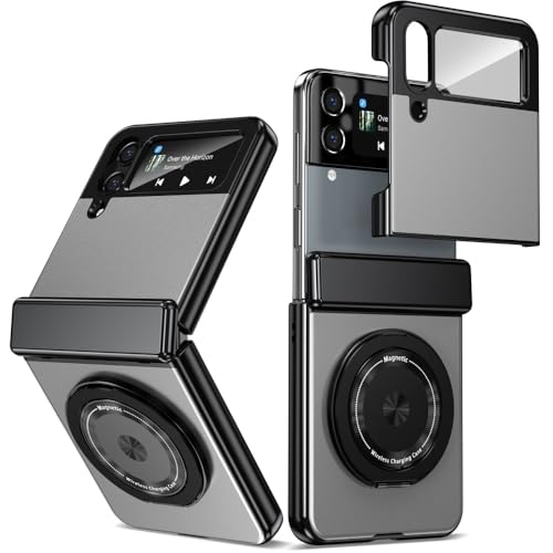XKchatpt Magnetische Faltbare Handyhülle für Samsung Galaxy Z Flip 4,Kickstand 360° drehbarer Ständer,Aluminiumlegierungshülle mit Scharnierschutz&Front Screen Protector für Z Flip 4 (Silber) von XKchatpt