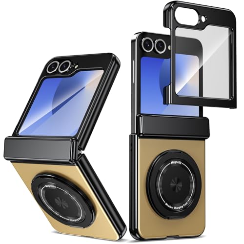 XKchatpt Magnetische Faltbare Handyhülle für Samsung Galaxy Z Flip 5,Kickstand 360° drehbarer Ständer,Aluminiumlegierungshülle mit Scharnierschutz&Front Screen Protector für Z Flip 5 (Gold) von XKchatpt