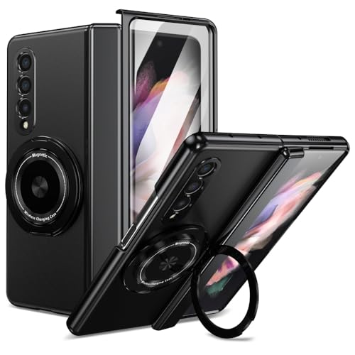 XKchatpt Magnetische Faltbare Handyhülle für Samsung Galaxy Z Fold 3,Kickstand 360° drehbare Standhülle mit Scharnierschutz & Front Screen Protector für Samsung Galaxy Z Fold 3 (Schwarz) von XKchatpt