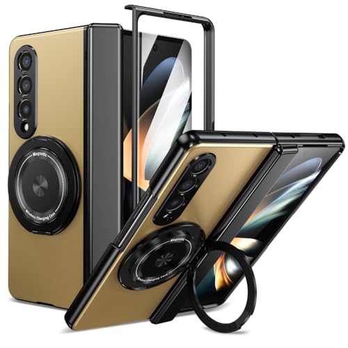 XKchatpt Magnetische Faltbare Handyhülle für Samsung Galaxy Z Fold 4,Kickstand 360° drehbare Standhülle mit Scharnierschutz & Front Screen Protector für Samsung Galaxy Z Fold 4 (Gold) von XKchatpt
