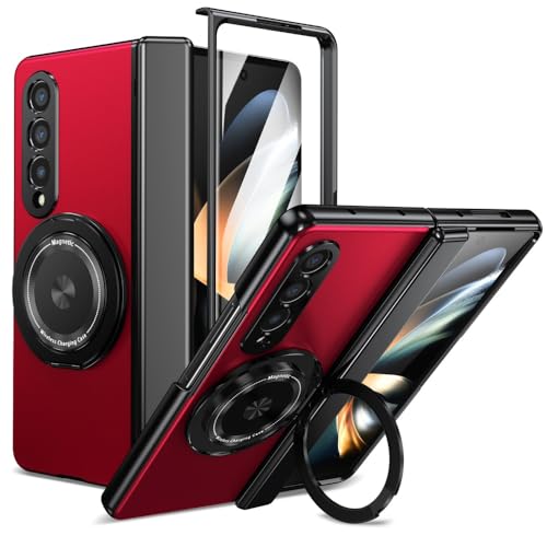 XKchatpt Magnetische Faltbare Handyhülle für Samsung Galaxy Z Fold 4,Kickstand 360° drehbare Standhülle mit Scharnierschutz & Front Screen Protector für Samsung Galaxy Z Fold 4 (Rot) von XKchatpt