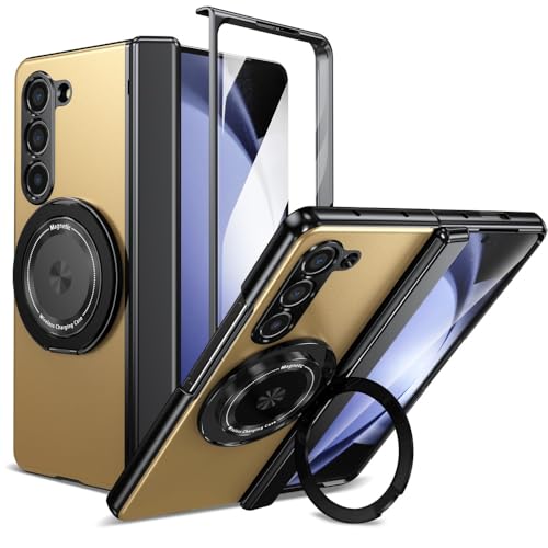 XKchatpt Magnetische Faltbare Handyhülle für Samsung Galaxy Z Fold 5,Kickstand 360° drehbare Standhülle mit Scharnierschutz & Front Screen Protector für Samsung Galaxy Z Fold 5 (Gold) von XKchatpt