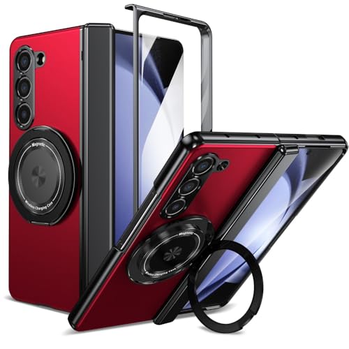 XKchatpt Magnetische Faltbare Handyhülle für Samsung Galaxy Z Fold 5,Kickstand 360° drehbare Standhülle mit Scharnierschutz & Front Screen Protector für Samsung Galaxy Z Fold 5 (Rot) von XKchatpt