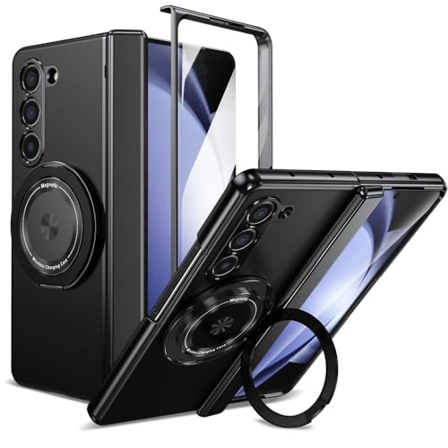XKchatpt Magnetische Faltbare Handyhülle für Samsung Galaxy Z Fold 5,Kickstand 360° drehbare Standhülle mit Scharnierschutz & Front Screen Protector für Samsung Galaxy Z Fold 5 (Schwarz) von XKchatpt