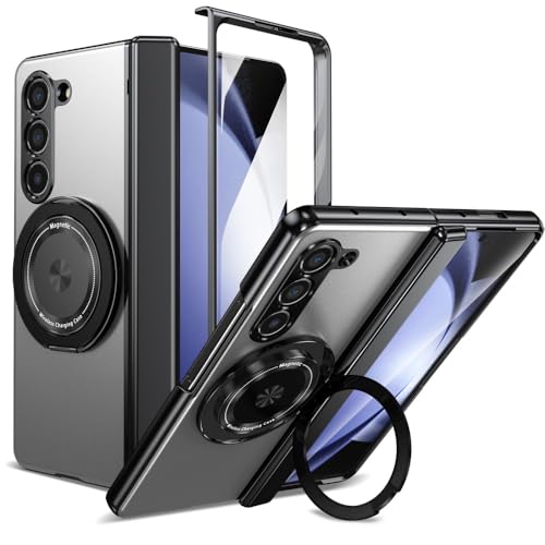 XKchatpt Magnetische Faltbare Handyhülle für Samsung Galaxy Z Fold 5,Kickstand 360° drehbare Standhülle mit Scharnierschutz & Front Screen Protector für Samsung Galaxy Z Fold 5 (Silber) von XKchatpt