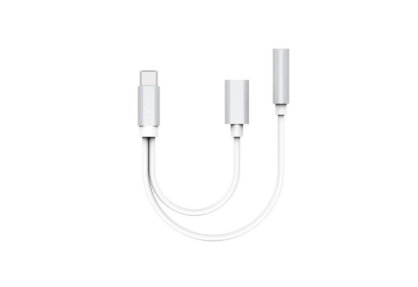 XLAYER Kabel PREMIUM 2-IN-1 USB-C zu 3.5mm Aux und USB-C Adapter 0.12m Silver Smartphone-Kabel, 12cm langes Adapter-Kabel von XLayer!, Type C zu 3.5mm Aux und Type C Adapter!, Zum Laden und gleichzeitigem Musik hören!, Klare Stereo-Klangübertragung!, Farbe: Silber!, 12cm langes Adapter-Kabel von XLayer!, Type C zu 3.5mm Aux und Type C Adapter!, Zum Laden und gleichzeitigem Musik hören!, Klare Stereo-Klangübertragung!, Farbe: Silber! (12.00 cm) von XLAYER