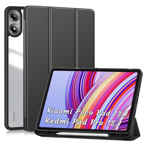 XLTTONG Schutzhülle für Xiaomi Redmi Pad Pro 12.1 Zoll 2024/Xiaomi Poco Pad, Cover mit Stifthalter für Redmi Pad Pro 12.1 Case Auto Schlaf/Wach(Schwarz) von XLTTONG