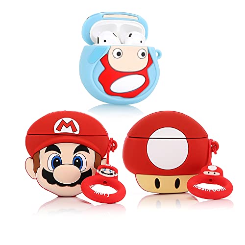 (3 Pack) Hülle für Airpods 1 und Airpods 2, XMBYGY Silikon Airpods Hülle Schutzhülle mit süßem lustigem Hautdesign, mit Schlüsselanhänger(Mario+Mushroom+Ponyo) von XMBYGY