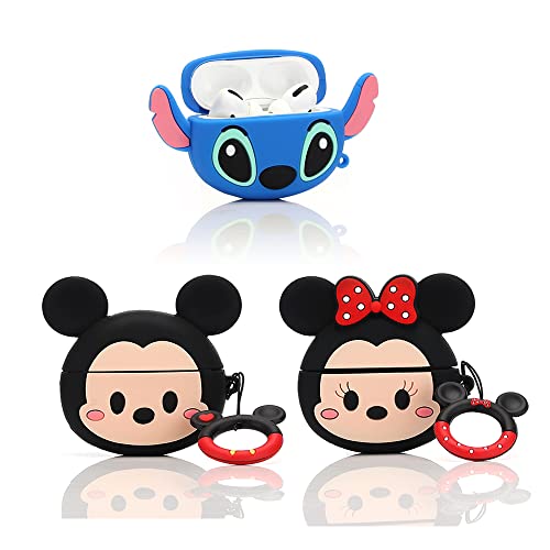 (3Pack) Hülle für Airpods Pro, XMBYGY Silikon Airpods Pro Hülle Schutzhülle mit süßem lustigem Hautdesign, mit Schlüsselanhänger () (CuteStitch+Minnie+Mickey) von XMBYGY