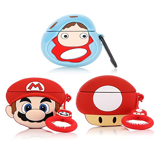 (3Pack) Hülle für Airpods Pro, XMBYGY Silikon Airpods Pro Hülle Schutzhülle mit süßem lustigem Hautdesign, mit Schlüsselanhänger () (Ponyo+Mario+Mushroom) von XMBYGY