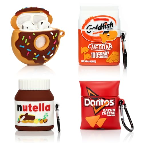 (4 Packung) Hülle für AirPods 2nd/1st Erzeugung Ohrhörer, XMBYGY Silikon Aufladung Fall Schutz Abdeckungen mit Niedlich Cartoon Haut Design für AirPods 1/2, mit Karabiner (DOR+GOD+Dounts+Nutella) von XMBYGY