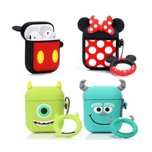 (4 Packung) Hülle für AirPods 2nd/1st Erzeugung Ohrhörer, XMBYGY Silikon Aufladung Fall Schutz Abdeckungen mit Niedlich Cartoon Haut Design für AirPods 1/2, mit Karabiner (MK+MN+MrQ+Monster) von XMBYGY