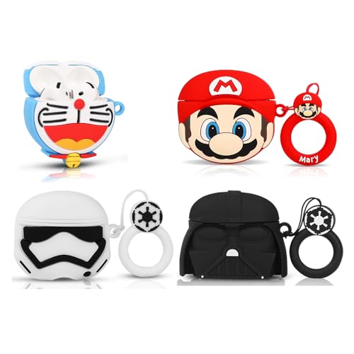 (4 Packung) Silikon Hülle für AirPods 4 Ohrhörer(2024), XMBYGY Cartoon Aufladung Stoßfeste Schützende Kopfhörer Abdeckung mit Schlüsselbund für AirPods 4th Erzeugung (BKSD+WTSD+MRO+A) von XMBYGY