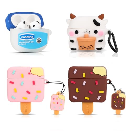 (4 Packung) Silikon Hülle für AirPods 4 Ohrhörer(2024), XMBYGY Cartoon Aufladung Stoßfeste Schützende Kopfhörer Abdeckung mit Schlüsselbund für AirPods 4th Erzeugung (FSL+COWtea+ICEbn+ICEpk) von XMBYGY