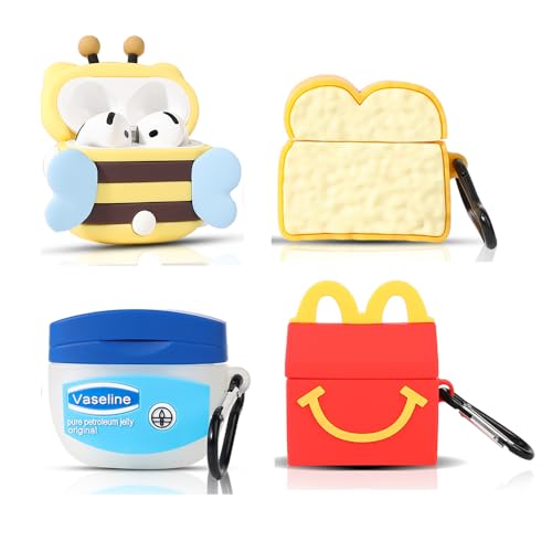 (4 Packung) Silikon Hülle für AirPods 4 Ohrhörer(2024), XMBYGY Cartoon Aufladung Stoßfeste Schützende Kopfhörer Abdeckung mit Schlüsselbund für AirPods 4th Erzeugung (M+FSL+Biene+Toast) von XMBYGY