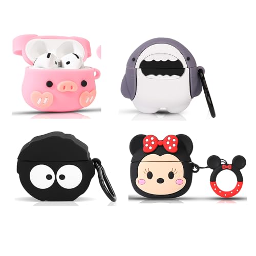 (4 Packung) Silikon Hülle für AirPods 4 Ohrhörer(2024), XMBYGY Cartoon Aufladung Stoßfeste Schützende Kopfhörer Abdeckung mit Schlüsselbund für AirPods 4th Erzeugung (MINFC+BKelf+Shark+PIGpk) von XMBYGY