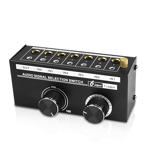 XMSJSIY 6,35 mm/3,5 mm Audio-Wahlschalter 6-in-1-out 1/4 1/8 Zoll TRS Stereo Audio Switcher Box 6 Eingänge & 1 Ausgang Splitter Audio Sharing mit Lautstärkeregler für Lautsprecher, Kopfhörer, von XMSJSIY