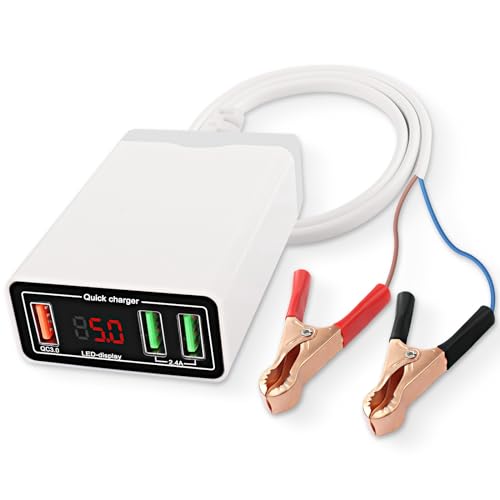XMSJSIY Akku Clip 12V/24V/36V auf USB 5V 2.4A/12V 2A Schnellladegerät DC Konverter Netzteil Buck Regulator Ladegerät 30W QC 3.0 3-Port USB Stecker mit Voltmeter Anzeige für Motorrad Boot SUV von XMSJSIY