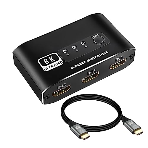 XMSJSIY HDMI Switch 3 in 1 Out, HDMI 2.1 Splitter Selector 3 in 1 Out Weichen Ultra HD Switcher Unterstützung 4K 120Hz 8K 60Hz 48Gbps mit HDMI Kabel für HDTV, PS5, Xbox DVD, Projektor von XMSJSIY