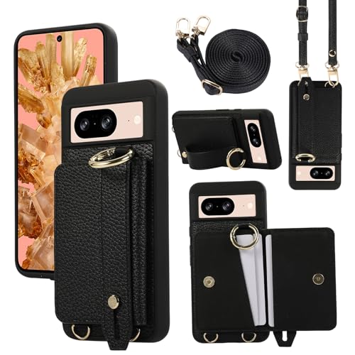 XMTON Case für Google Pixel 8 Hülle Crossbody mit Brieftasche [Kartenfächern] [Ring Ständer] Handschlaufe Geldbörse Handyhülle Slim Dünn Leder Cover für Google Pixel 8, Schwarz von XMTON