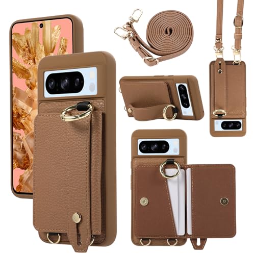 XMTON Case für Google Pixel 8 Pro Hülle Crossbody mit Brieftasche [Kartenfächern] [Ring Ständer] Handschlaufe Geldbörse Handyhülle Slim Dünn Leder Cover für Google Pixel 8 Pro, Braun von XMTON