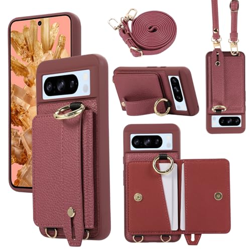 XMTON Case für Google Pixel 8 Pro Hülle Crossbody mit Brieftasche [Kartenfächern] [Ring Ständer] Handschlaufe Geldbörse Handyhülle Slim Dünn Leder Cover für Google Pixel 8 Pro, Burgundy von XMTON
