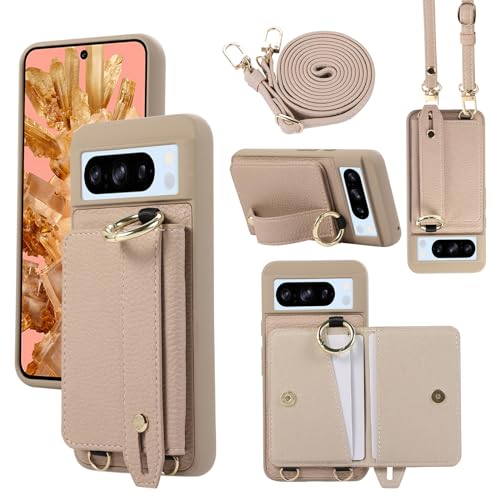 XMTON Case für Google Pixel 8 Pro Hülle Crossbody mit Brieftasche [Kartenfächern] [Ring Ständer] Handschlaufe Geldbörse Handyhülle Slim Dünn Leder Cover für Google Pixel 8 Pro, Khaki von XMTON