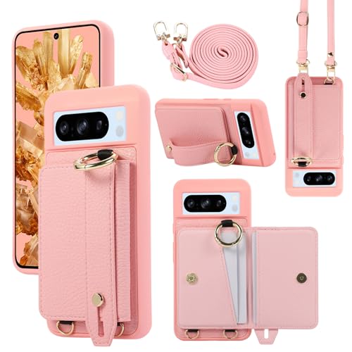 XMTON Case für Google Pixel 8 Pro Hülle Crossbody mit Brieftasche [Kartenfächern] [Ring Ständer] Handschlaufe Geldbörse Handyhülle Slim Dünn Leder Cover für Google Pixel 8 Pro, Rosa von XMTON