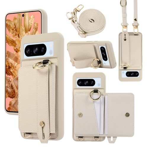 XMTON Case für Google Pixel 8 Pro Hülle Crossbody mit Brieftasche [Kartenfächern] [Ring Ständer] Handschlaufe Geldbörse Handyhülle Slim Dünn Leder Cover für Google Pixel 8 Pro, Weiß von XMTON