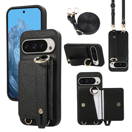 XMTON Case für Google Pixel 9/9 Pro Hülle Crossbody mit Brieftasche [Kartenfächern] [Ring Ständer] Handschlaufe Geldbörse Handyhülle Slim Dünn Leder Cover für Google Pixel 9/9 Pro, Schwarz von XMTON