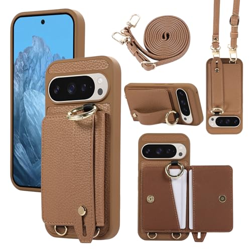 XMTON Case für Google Pixel 9 Pro XL Hülle Crossbody mit Brieftasche [Kartenfächern] [Ring Ständer] Handschlaufe Geldbörse Handyhülle Slim Dünn Leder Cover für Google Pixel 9 Pro XL, Braun von XMTON