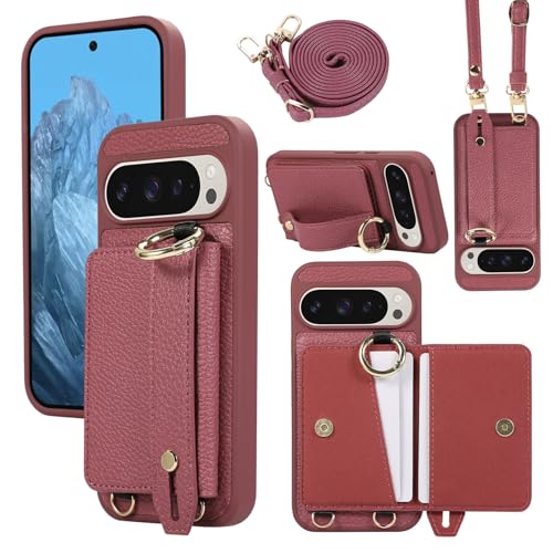 XMTON Case für Google Pixel 9 Pro XL Hülle Crossbody mit Brieftasche [Kartenfächern] [Ring Ständer] Handschlaufe Geldbörse Handyhülle Slim Dünn Leder Cover für Google Pixel 9 Pro XL, Burgundy von XMTON
